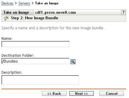 Step 2 page for creating a new bundle: New Image Bundle (Name, Destination Folder, and Description fields)
