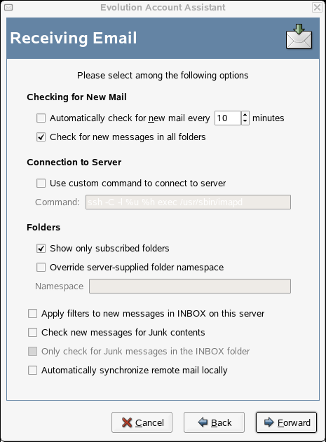 Opciones de recepción de IMAP