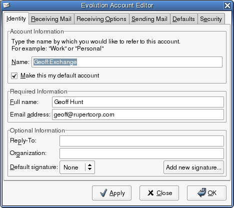 Creación de una cuenta de Exchange, primer paso: Identidad
