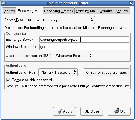 Creación de una cuenta de Exchange, segundo paso: Recepción de correo