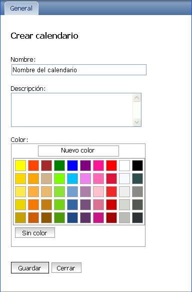 Recuadro de diálogo Calendario nuevo