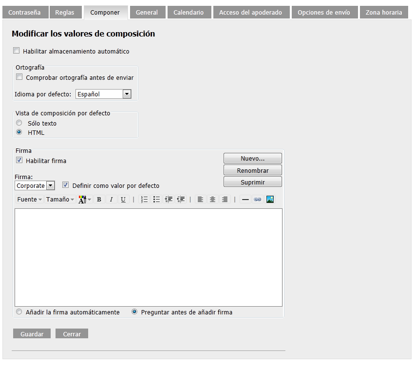 Vista de opciones de composición