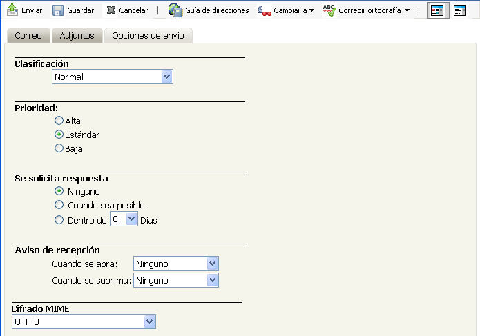 Opciones de envío de la vista Correo