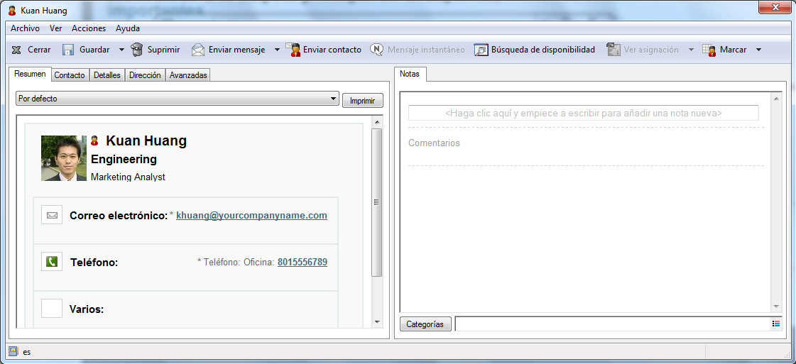 Propiedades del contacto con la pestaña Resumen