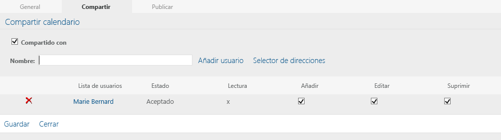 Recuadro de diálogo Compartir calendario