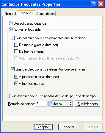 Recuadro de diálogo Propiedades de Contactos frecuentes con la pestaña Opciones abierta