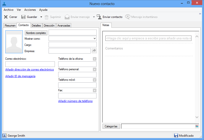 Página Nuevo contacto