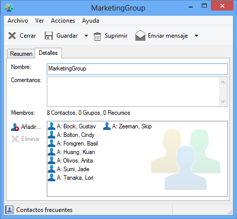 Recuadro de diálogo Grupo con la pestaña Detalles