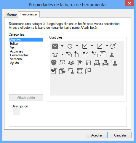 pestaña Personalizar de las propiedades de la barra de herramientas
