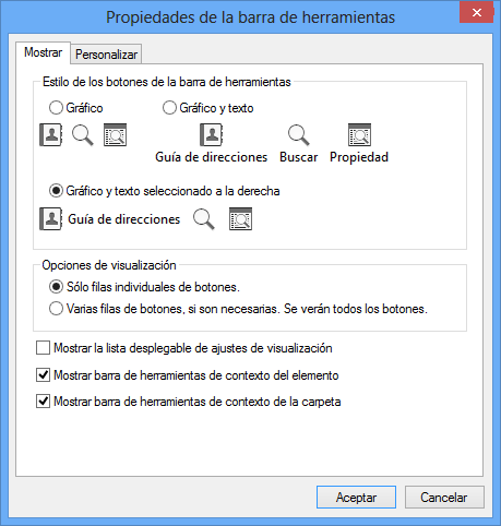 pestaña Mostrar de las propiedades de la barra de herramientas