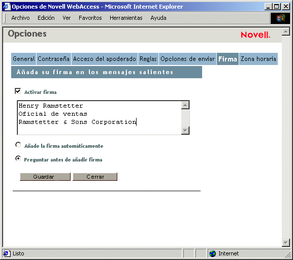 Vista Opciones con la firma seleccionada