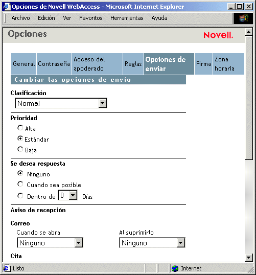 Vista Opciones con las opciones de enviar seleccionadas (arriba)