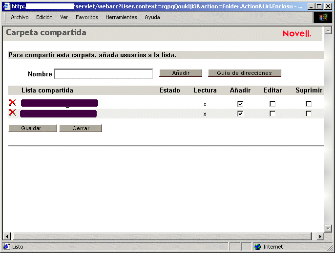 Vista de derechos de acceso de la carpeta compartida