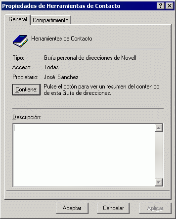Recuadro de diálogo Propiedades para una guía de direcciones, pestaña General abierta