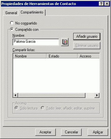 Recuadro de diálogo Propiedades para una guía de direcciones, pestaña Compartimiento abierta