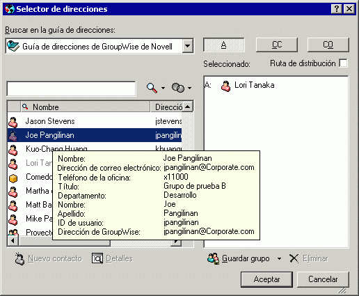 Selector de direcciones con informacin acerca de un usuario mostrado