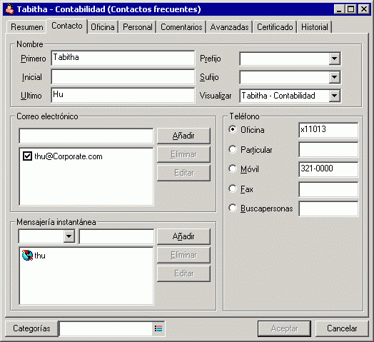 Propiedades del contacto con la pestaña Contactos