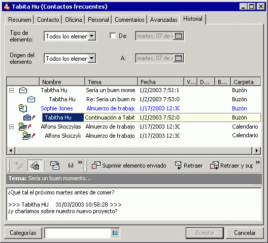 Propiedades del contacto con la pestaña Historial