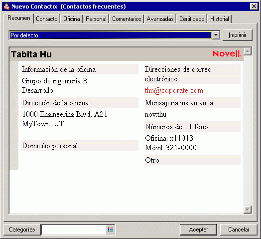 Propiedades del contacto con la pestaña Resumen