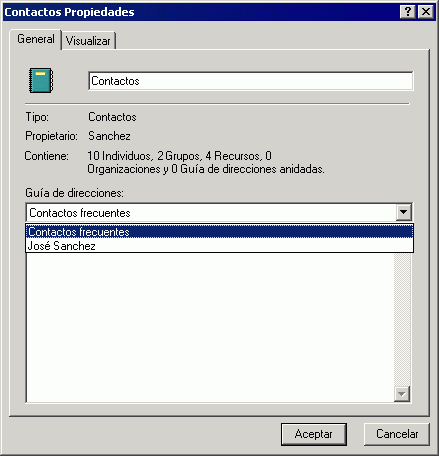 Recuadro de diálogo Propiedades de la carpeta Contactos