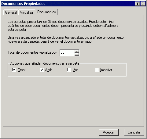 Recuadro de di�logo Propiedades del documento con la pesta�a Documentos abierta