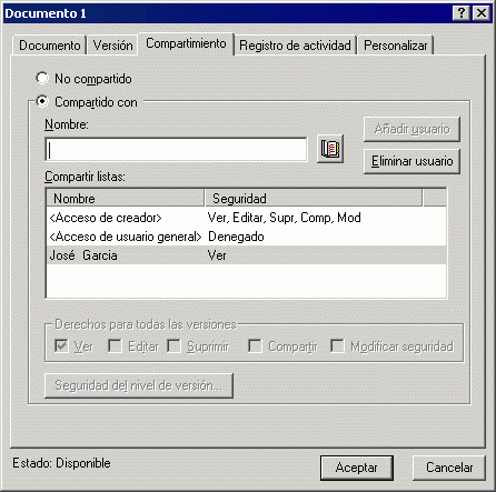 Recuadro de diálogo Propiedades del documento con la pestaña Compartimiento abierta