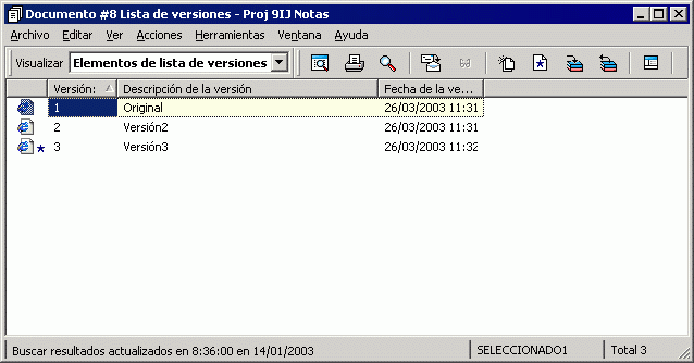 Recuadro de dilogo Lista de versiones de documentos