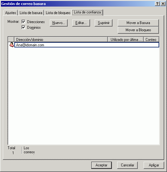 Recuadro de dilogo Gestin de correo basura con la pestaa Lista de confianza