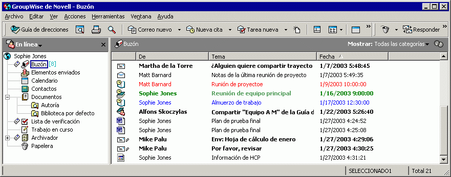 Vista Buz�n con la carpeta Documentos abierta para mostrar las carpetas Autor�a y Biblioteca por defecto