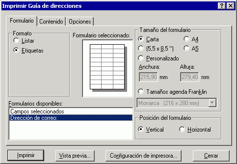 Recuadro de diálogo Imprimir Guía de direcciones
