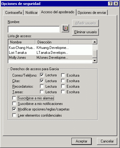 Recuadro de diálogo Opciones de seguridad con la pestaña Acceso del apoderado abierta