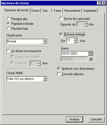 Recuadro de diálogo Opciones de enviar