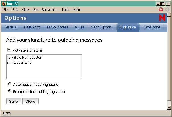 Vista Opciones con la firma seleccionada