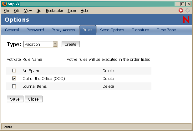 Vista Opciones con reglas seleccionadas