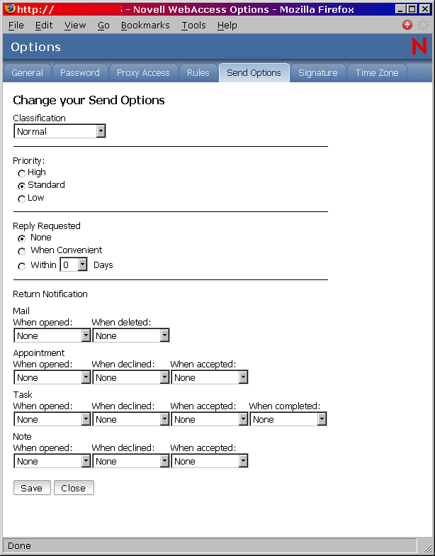 Vista Opciones con las opciones de envío seleccionadas