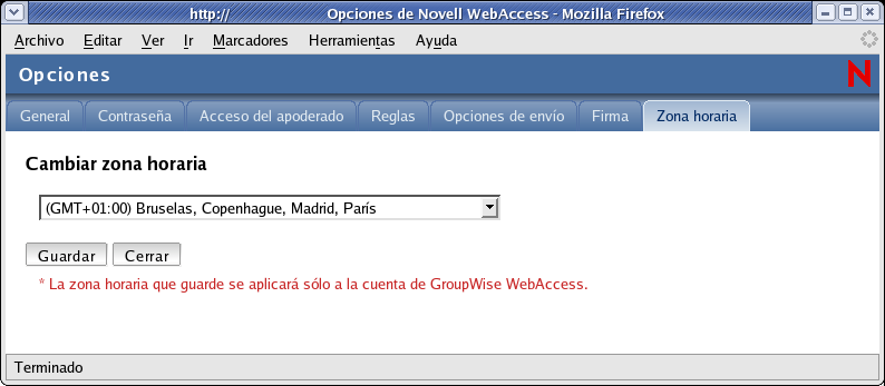 Vista Opciones con la zona horaria seleccionada