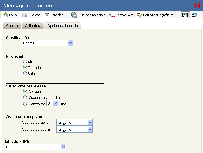 Opciones de envío de la vista Correo