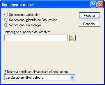 Recuadro de diálogo Documento nuevo con la opción Seleccionar un archivo habilitada