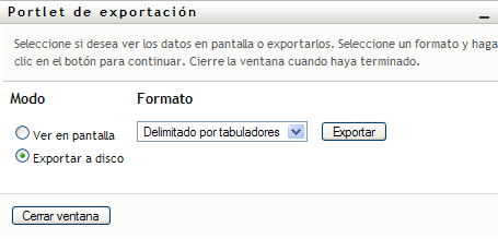 El portlet de exportación solicita al usuario que indique un formato de exportación