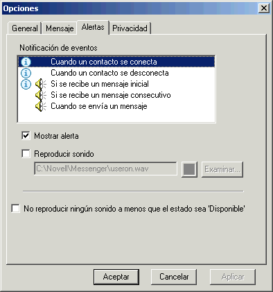Recuadro de di�logo Opciones con la pesta�a Alertas
