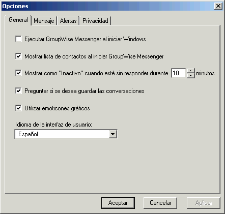 Recuadro de di�logo Opciones con la pesta�a General