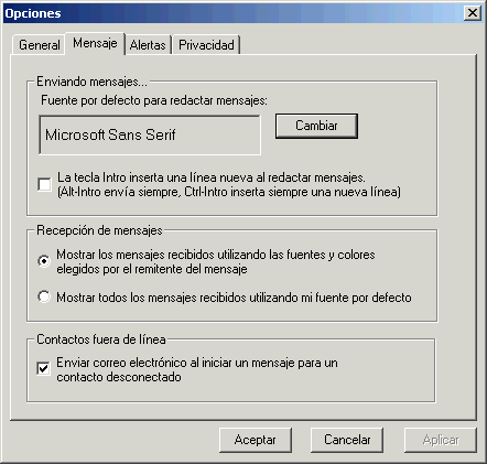 Recuadro de di�logo Opciones con la pesta�a Mensaje