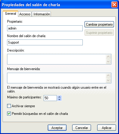 Recuadro de di�logo de creaci�n de un sal�n de charla