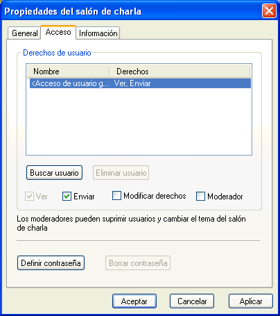 P�gina de propiedades del sal�n de charla