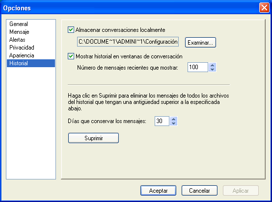 Recuadro de di�logo de opciones del historial