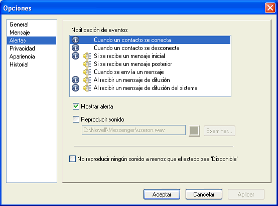 Recuadro de di�logo Opciones con la p�gina Alertas