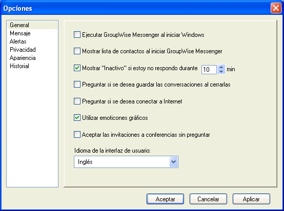 Recuadro de di�logo Opciones con la p�gina General