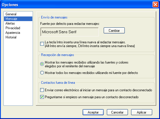Recuadro de di�logo Opciones con la p�gina Mensaje