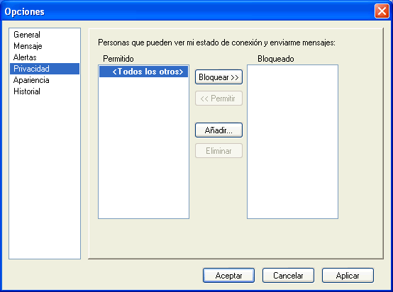 Recuadro de di�logo Opciones con la p�gina Confidencialidad