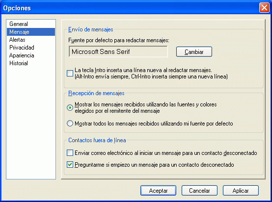 Recuadro de diálogo Opciones con la página Mensaje